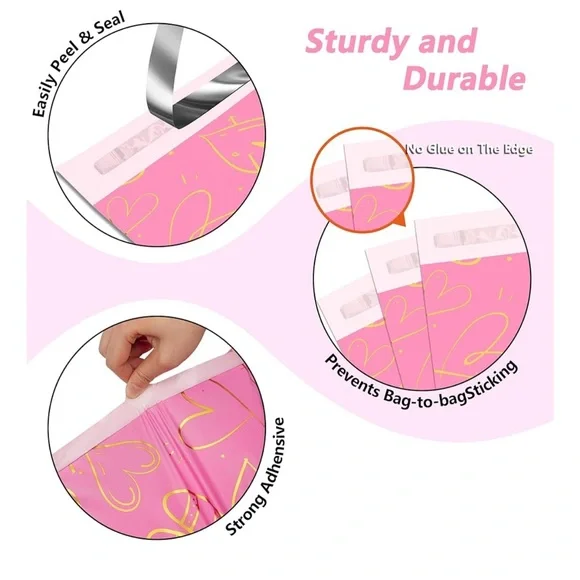 Poly Mailers Pink Thank You Gold Hearts 10x13 Water and Tear Proof 2.4 mil X 25 - Picture 3 of 4